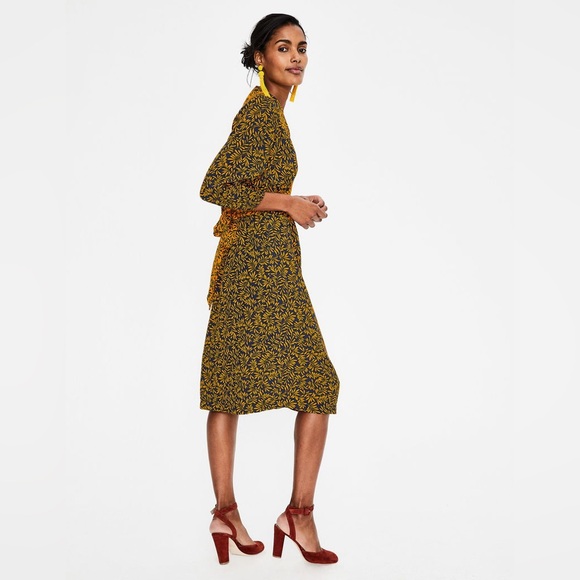Boden Ariadne Midi Dress Boho Peasant Tie Waist Printed Yellow Navy Blue Size 6 - Picture 5 of 10